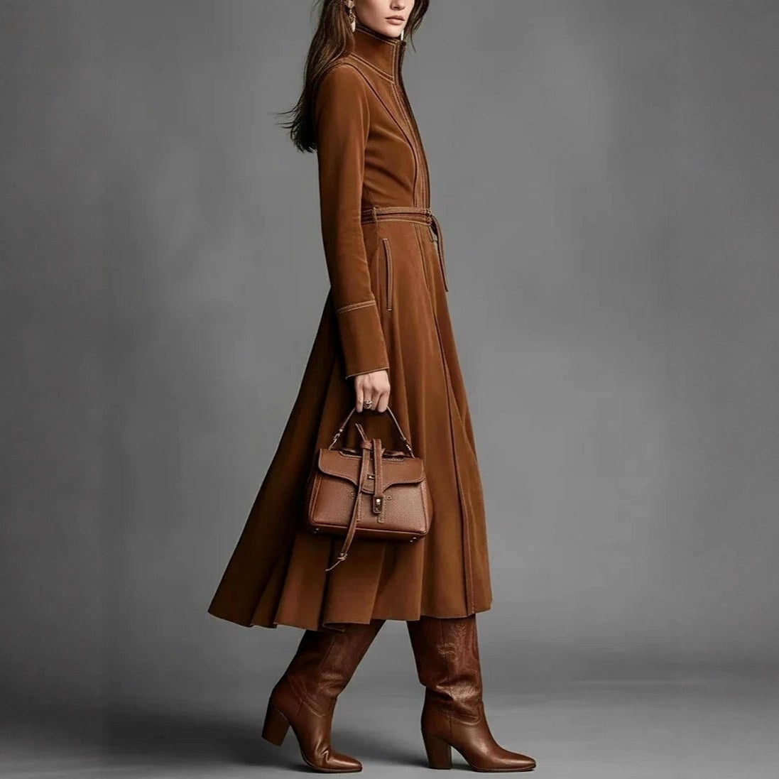 Amelie - Women's Faux Suede High Neck Long Sleeve Dress 3