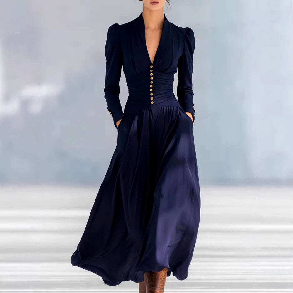 Andromeda - Women's Ruched Waist Long Sleeve Maxi Dress 1