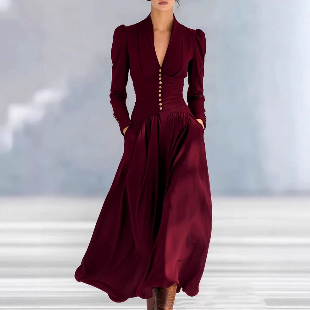 Andromeda - Women's Ruched Waist Long Sleeve Maxi Dress 3