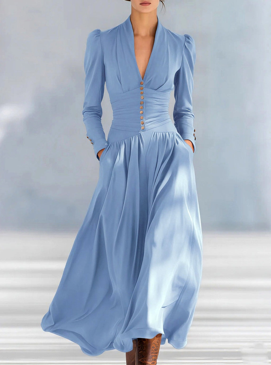 Andromeda - Women's Ruched Waist Long Sleeve Maxi Dress 4