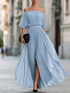 Angela - Women's Plissé Bardot Belted Maxi Dress 1