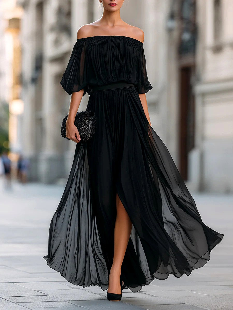 Angela - Women's Plissé Bardot Belted Maxi Dress 2