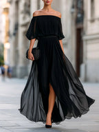 Angela - Women's Plissé Bardot Belted Maxi Dress 2