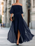 Angela - Women's Plissé Bardot Belted Maxi Dress 3