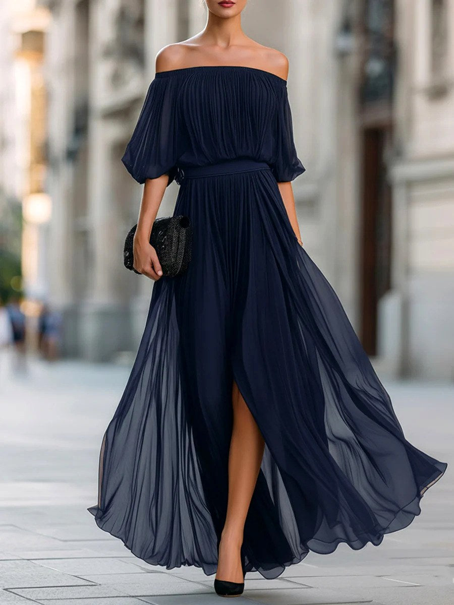 Angela - Women's Plissé Bardot Belted Maxi Dress 3
