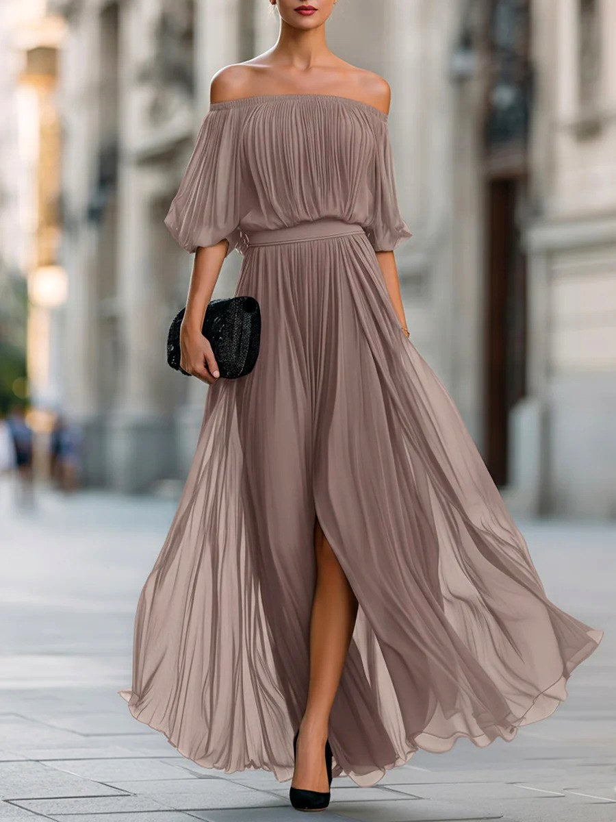 Angela - Women's Plissé Bardot Belted Maxi Dress 4