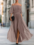 Angela - Women's Plissé Bardot Belted Maxi Dress 4
