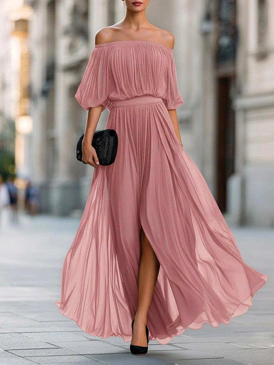 Angela - Women's Plissé Bardot Belted Maxi Dress 5