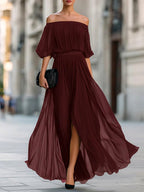 Angela - Women's Plissé Bardot Belted Maxi Dress 6