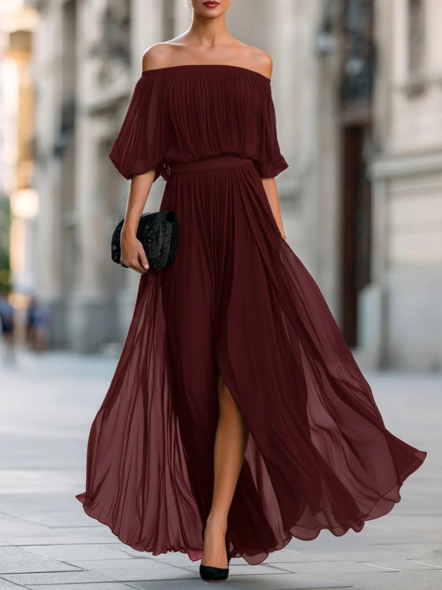 Angela - Women's Plissé Bardot Belted Maxi Dress 6