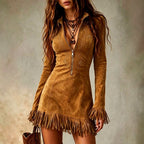 Annie - Women's Suede Bodycon Boho Mini Dress 1