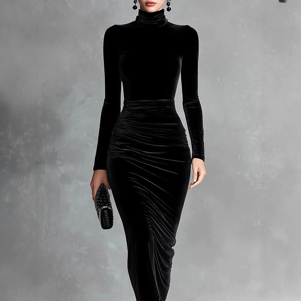 Annika - Women's Velvet Bodycon Long Sleeve Midi Dress 2