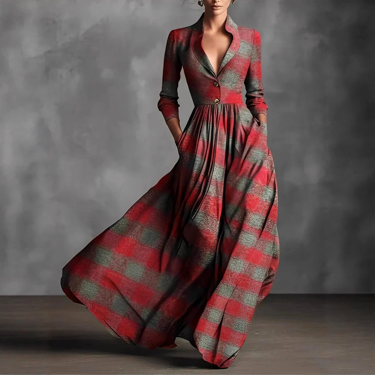 Anouk - Women's Plaid Deep V-Neck Maxi Dress 1