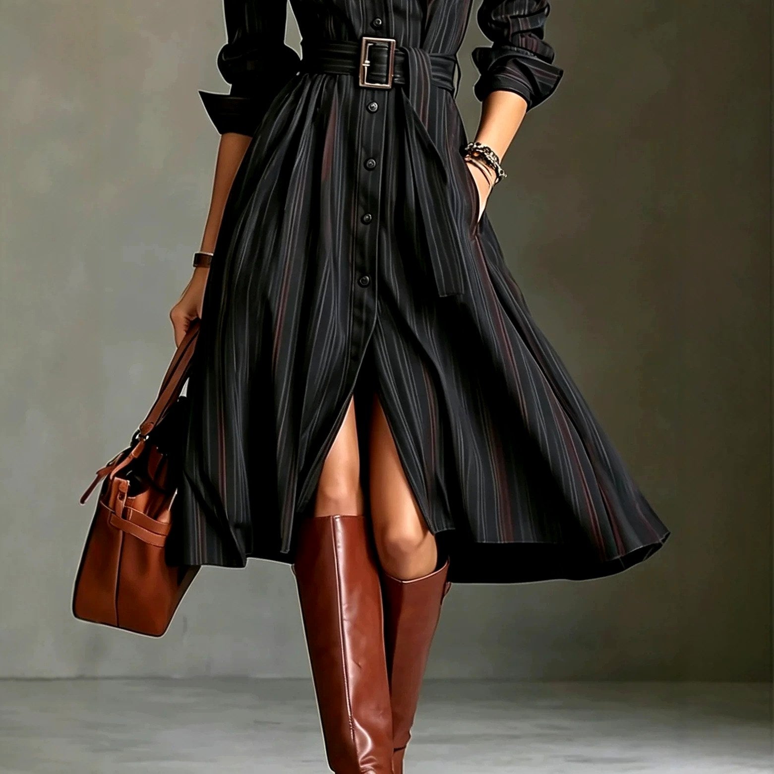 Apollonia - Women's Pinstripe Collared Long Sleeve Shirt Maxi Dress 4