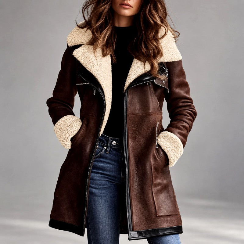 Ariadne - Women’s Faux Suede Shearling Moto Coat 1