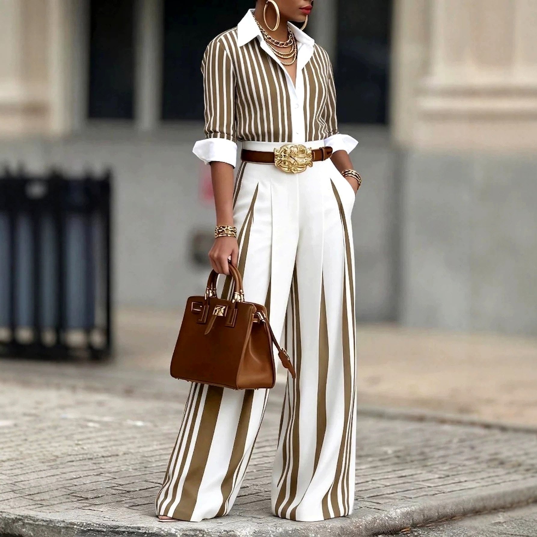 Ariadne - Women's Striped Shirt and Wide-Leg Pants Set 1