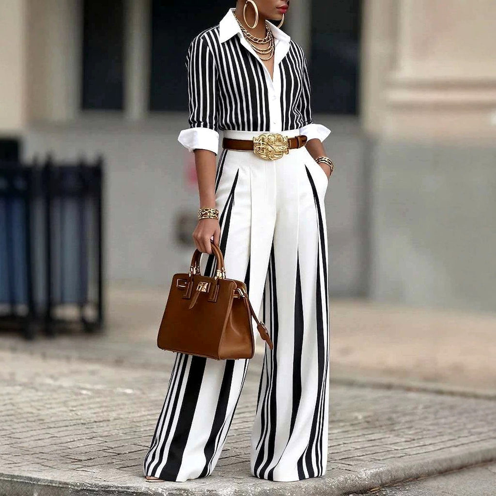 Ariadne - Women's Striped Shirt and Wide-Leg Pants Set 2