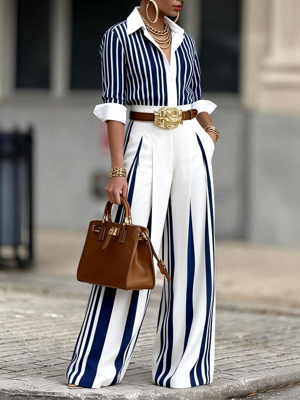 Ariadne - Women's Striped Shirt and Wide-Leg Pants Set 3