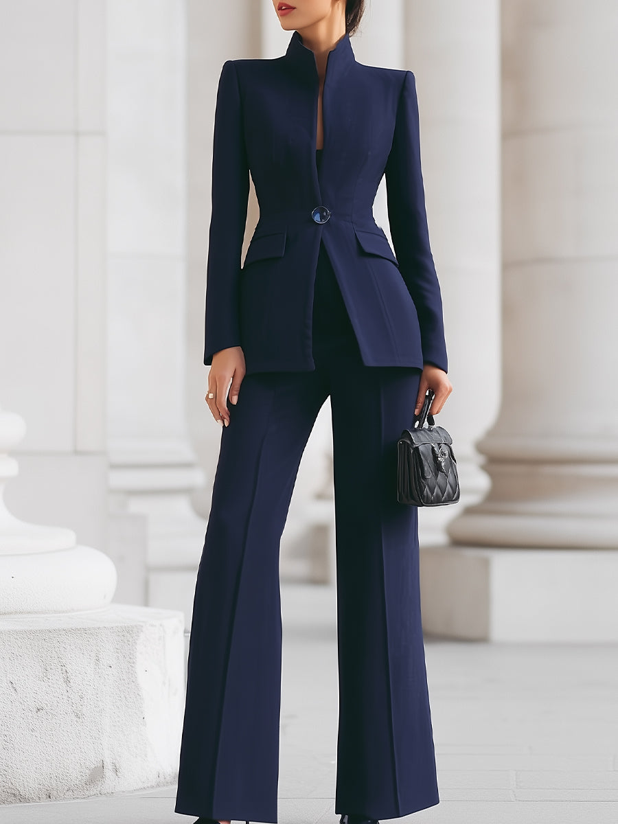 Ashlynn - Women's Stand-Collar Blazer & Flowing Wide-Leg Trousers Suit