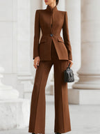 Ashlynn - Women's Stand-Collar Blazer & Flowing Wide-Leg Trousers Suit