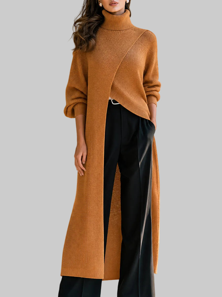 Astrid - Women's Turtleneck Knit Cardigan with Wrap Panel