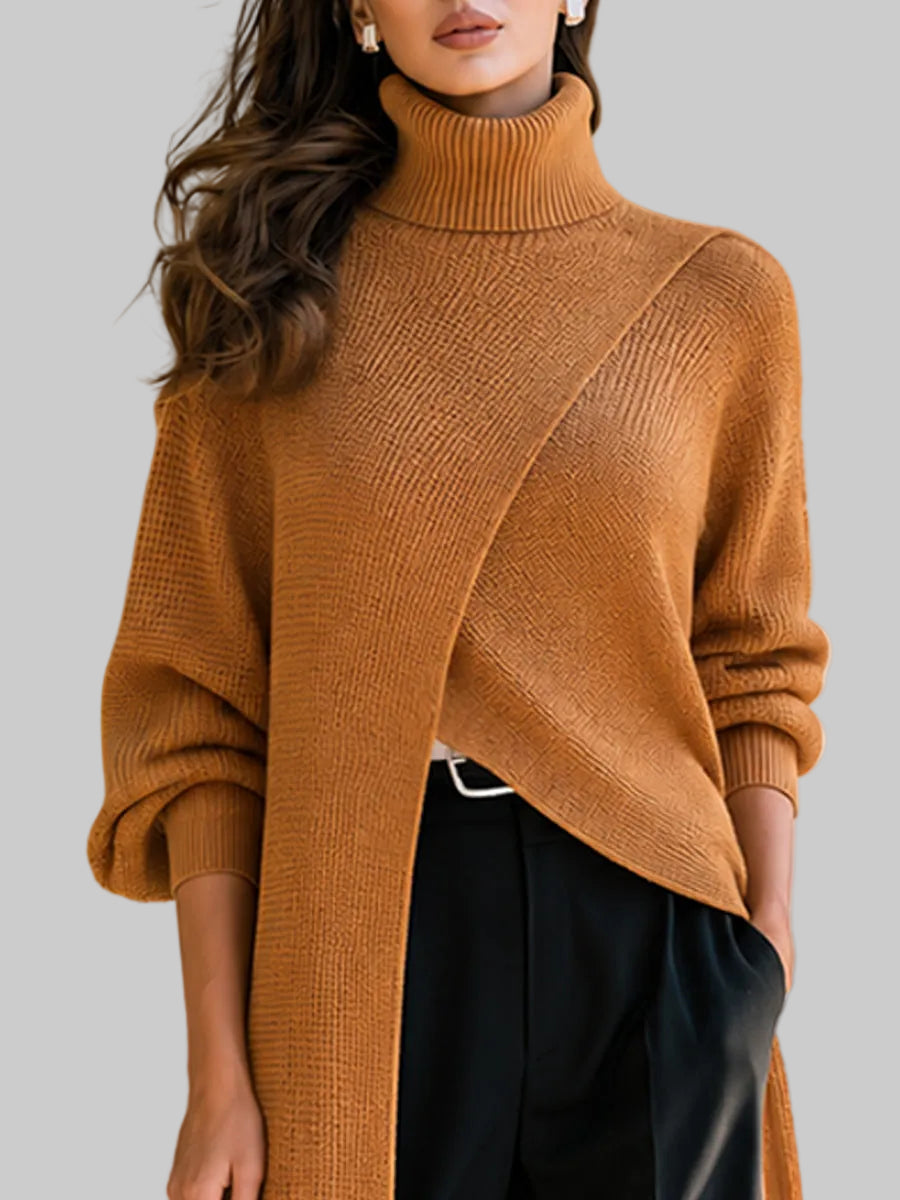 Astrid - Women's Turtleneck Knit Cardigan with Wrap Panel
