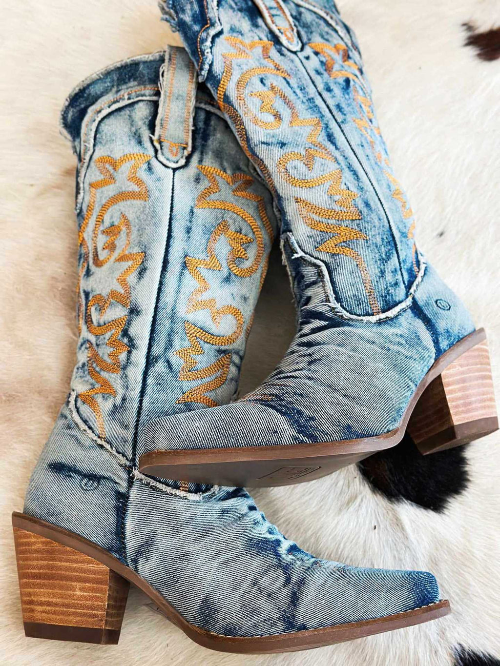 Aubrey - Women's Denim Cowboy Boots with Embroidered Scrollwork