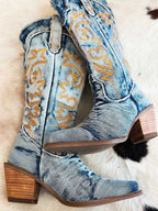Aubrey - Women's Denim Cowboy Boots with Embroidered Scrollwork