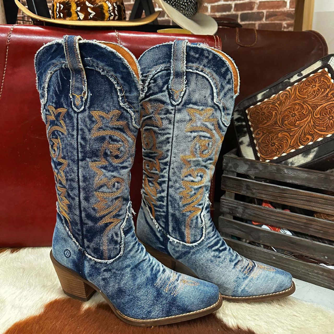 Aubrey - Women's Denim Cowboy Boots with Embroidered Scrollwork