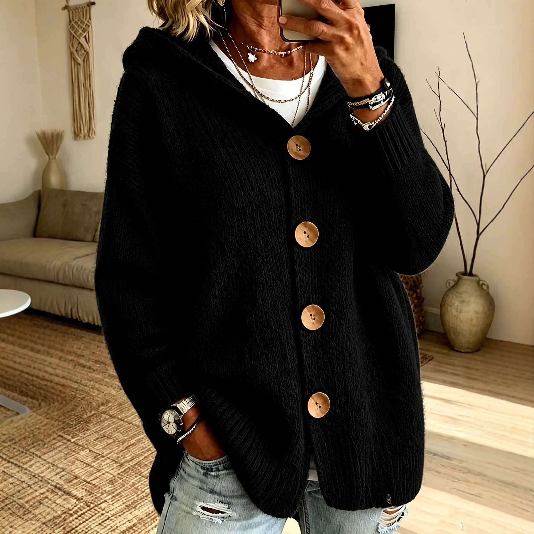 Audrey - Women's Chunky Knit Hooded Button-Up Cardigan 1