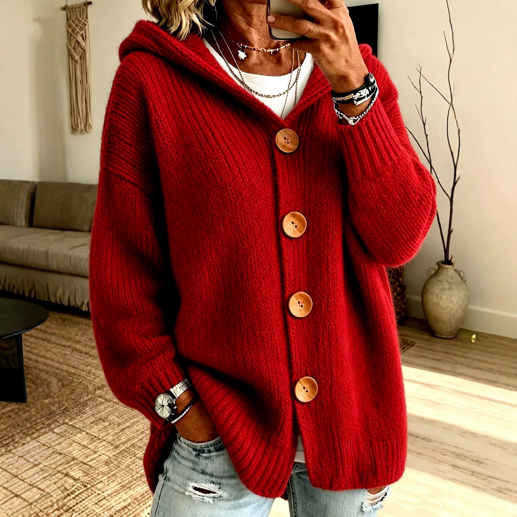 Audrey - Women's Chunky Knit Hooded Button-Up Cardigan 4