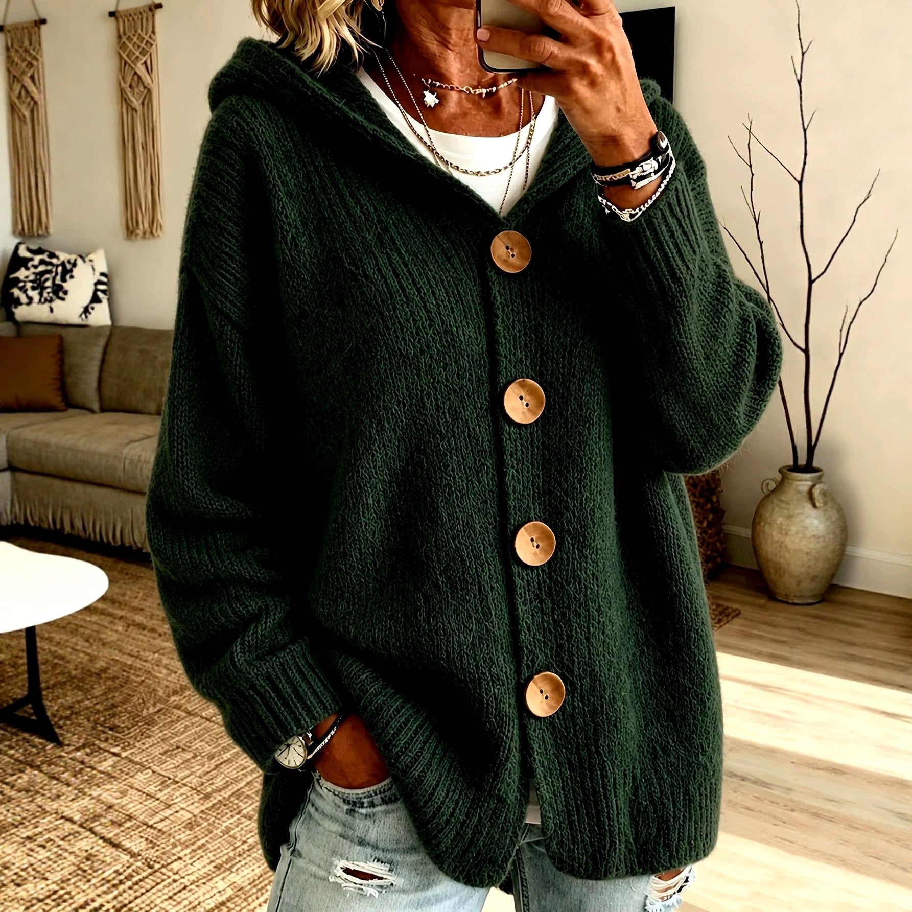 Audrey - Women's Chunky Knit Hooded Button-Up Cardigan 5