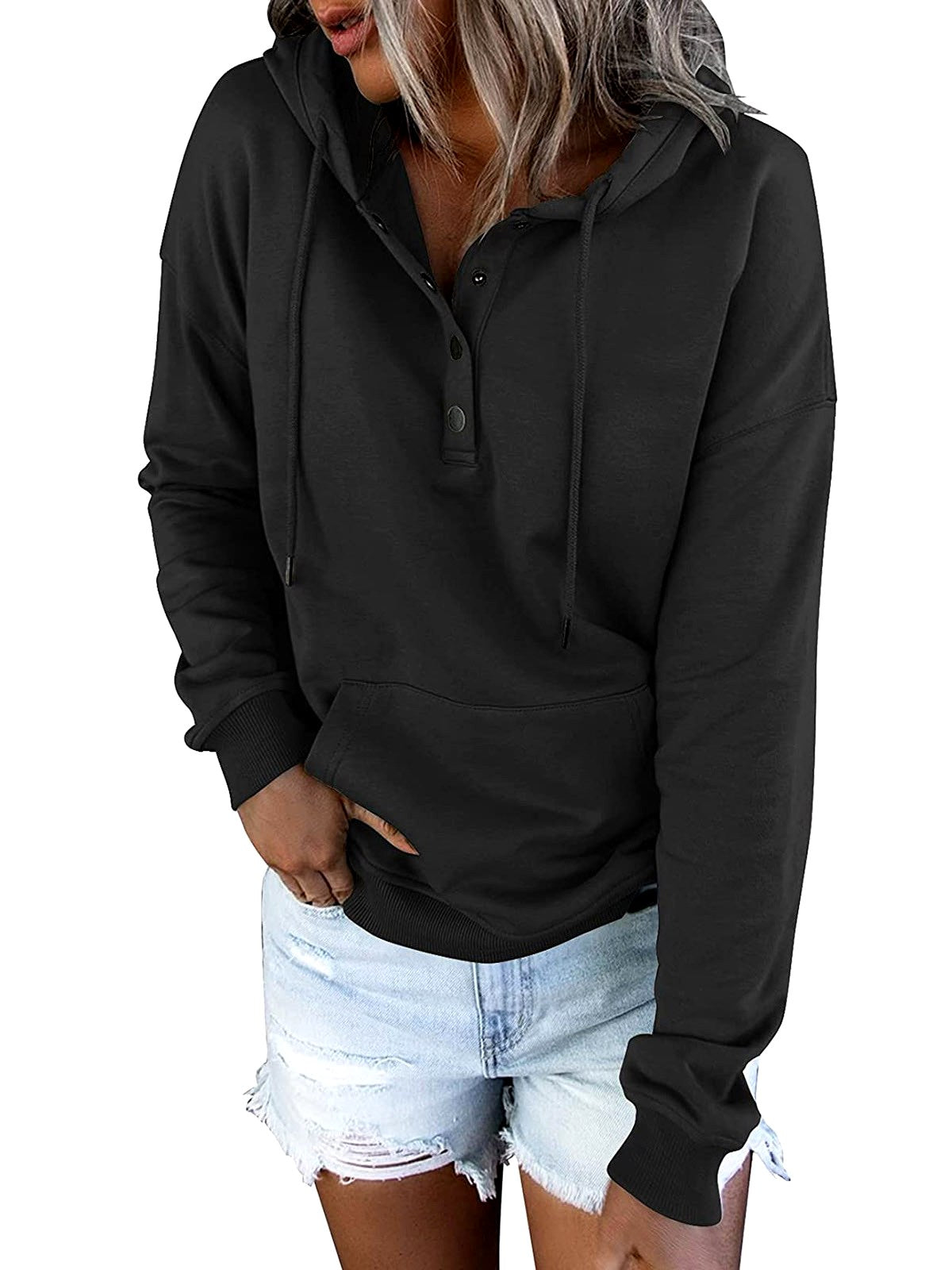Aurore - Women's Henley Button Loose Fit Hoodie Sweatshirt 3
