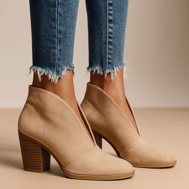 Avery - Women's Deep V-Cut Suede Block Heel Ankle Boots