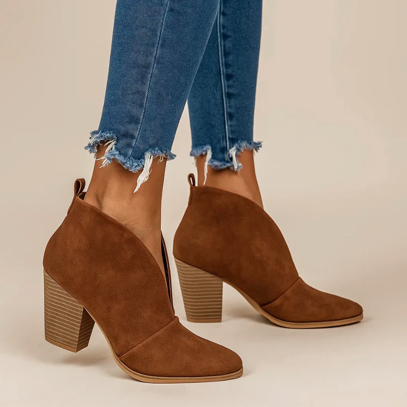 Avery - Women's Deep V-Cut Suede Block Heel Ankle Boots
