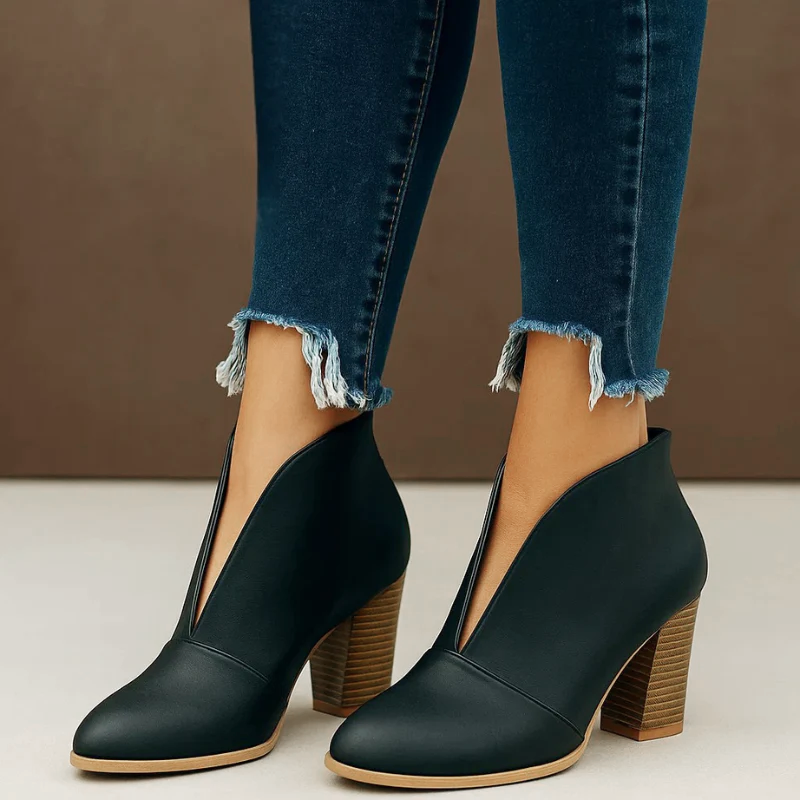 Avery - Women's Deep V-Cut Suede Block Heel Ankle Boots