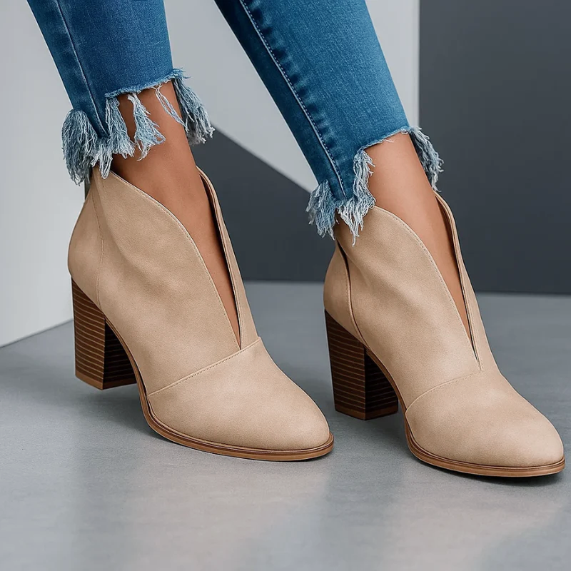 Avery - Women's Deep V-Cut Suede Block Heel Ankle Boots