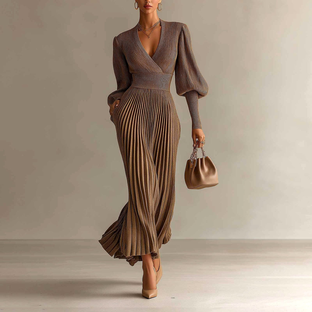 Ayah - Women's Ribbed V-Neck Evening Dress with Balloon Sleeves 2