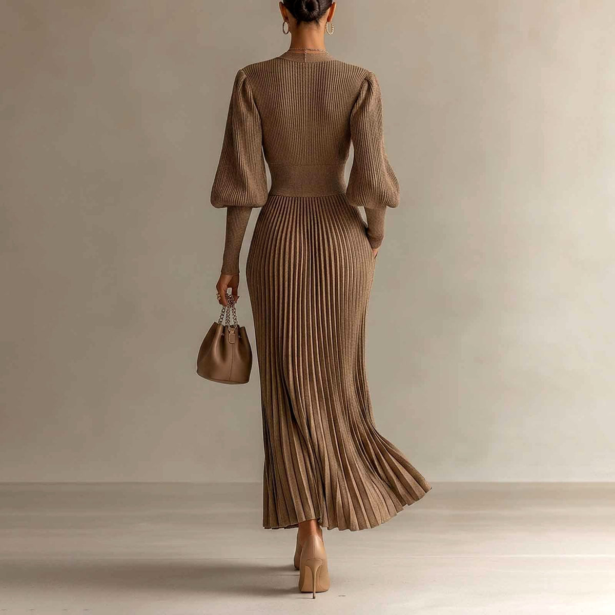 Ayah - Women's Ribbed V-Neck Evening Dress with Balloon Sleeves 4