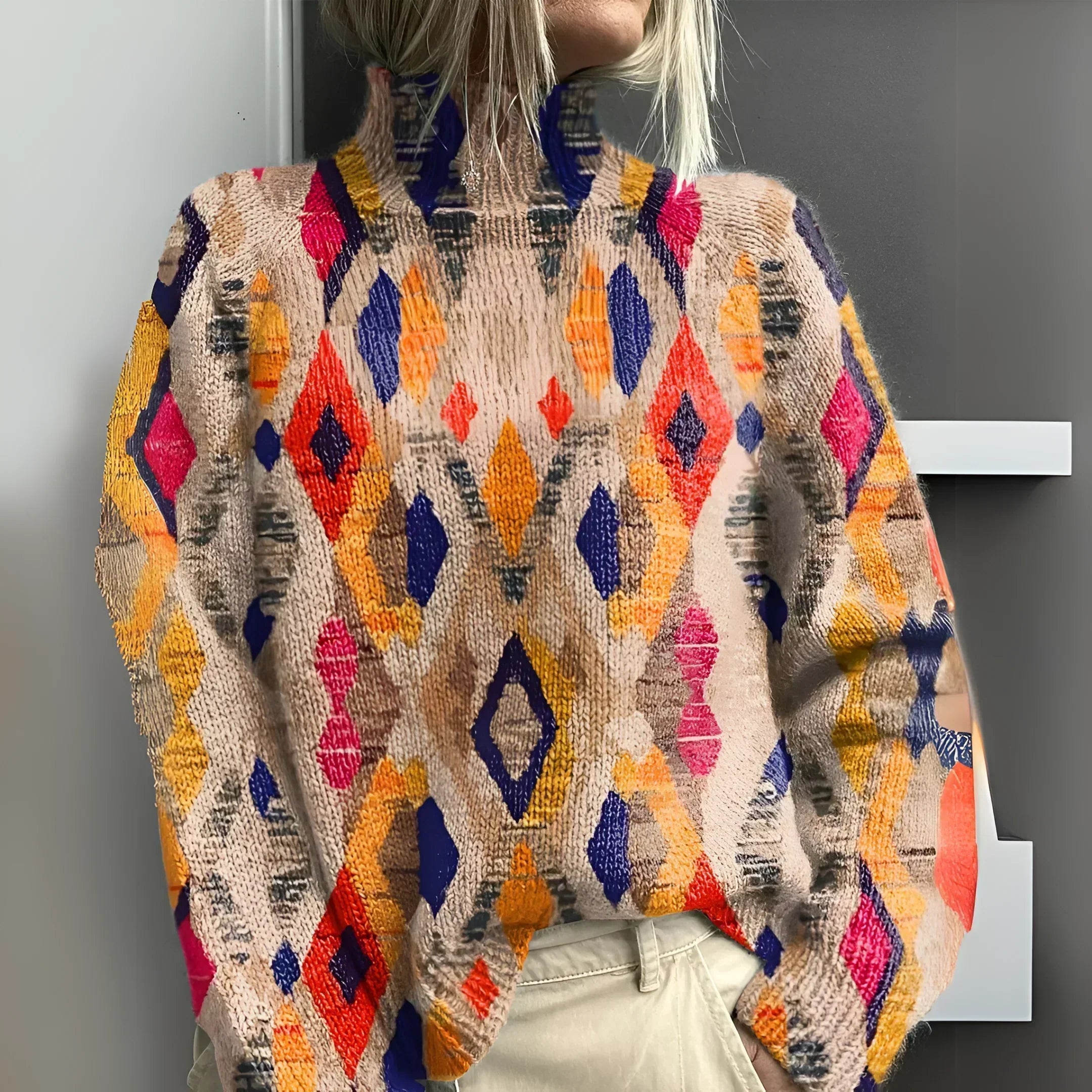 Beatrice - Women's Argyle Knit Pullover with Mock Neck