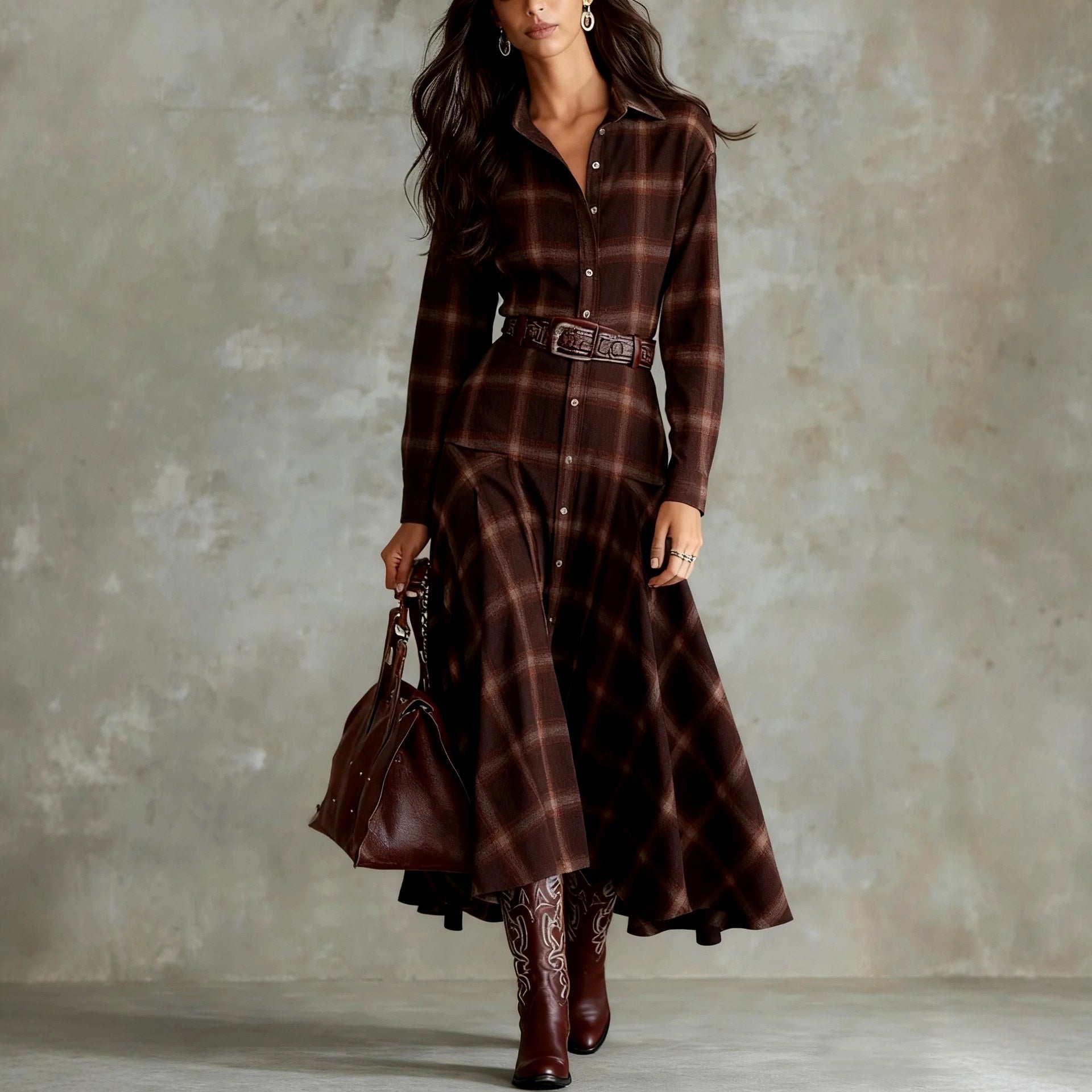 Beatrice - Women's Plaid Collared Shirt Maxi Dress 1