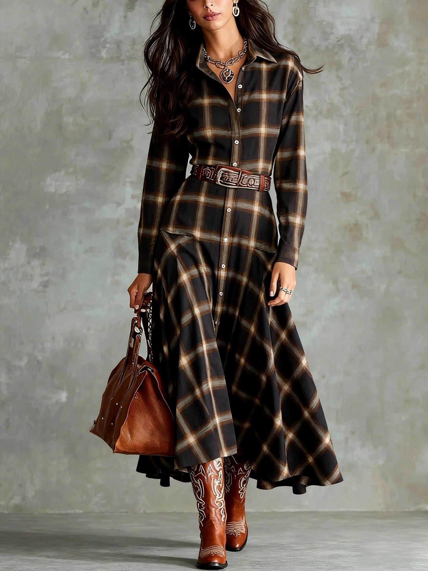 Beatrice - Women's Plaid Collared Shirt Maxi Dress 2