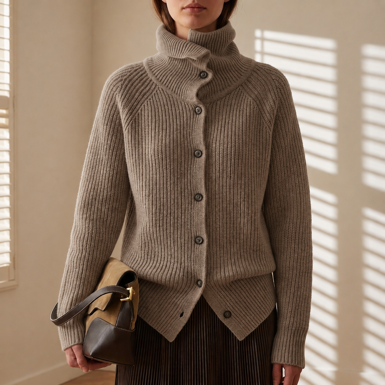 Bella - Women's Turtleneck Cardigan with Ribbed Knit
