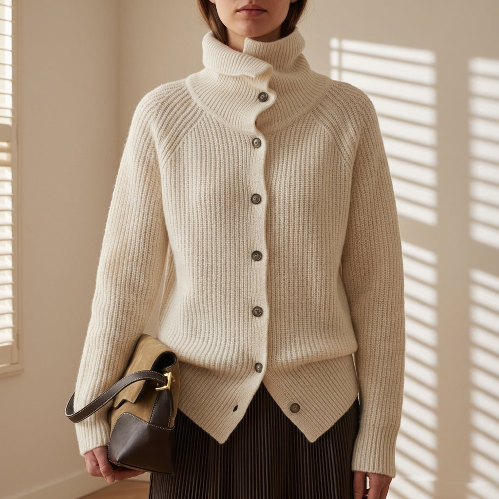 Bella - Women's Turtleneck Cardigan with Ribbed Knit