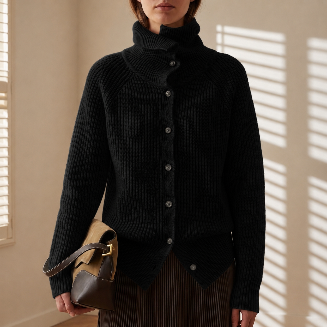 Bella - Women's Turtleneck Cardigan with Ribbed Knit