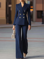 Beryl - Women's Pinstripe Blazer and Flared Pants Suit Set 1