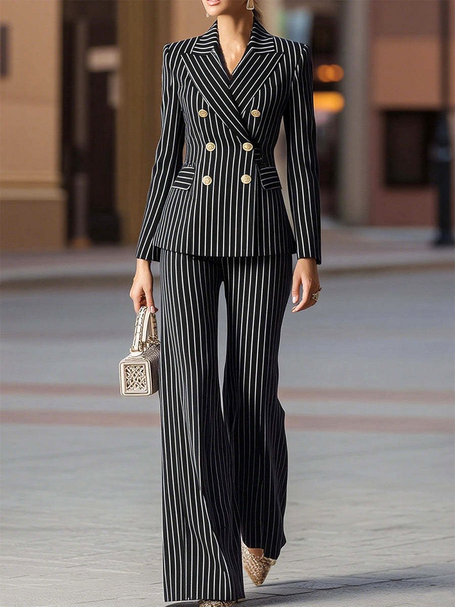 Beryl - Women's Pinstripe Blazer and Flared Pants Suit Set 2