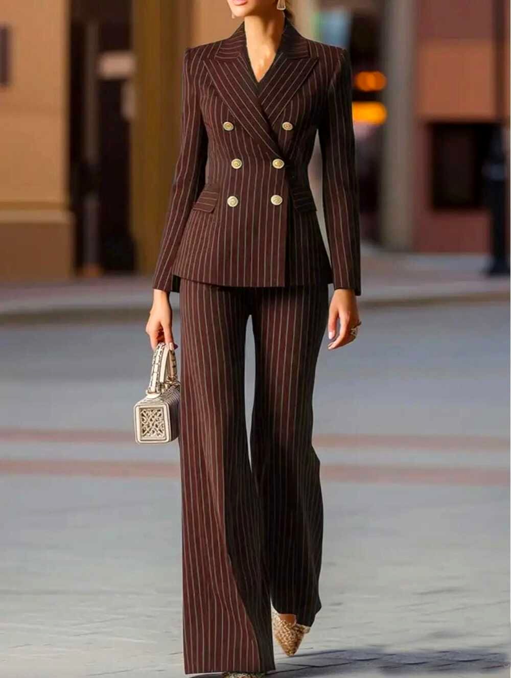 Beryl - Women's Pinstripe Blazer and Flared Pants Suit Set 6