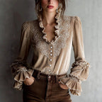 Bridget - Women's Embroidered Button Front Ruffle Blouse 1