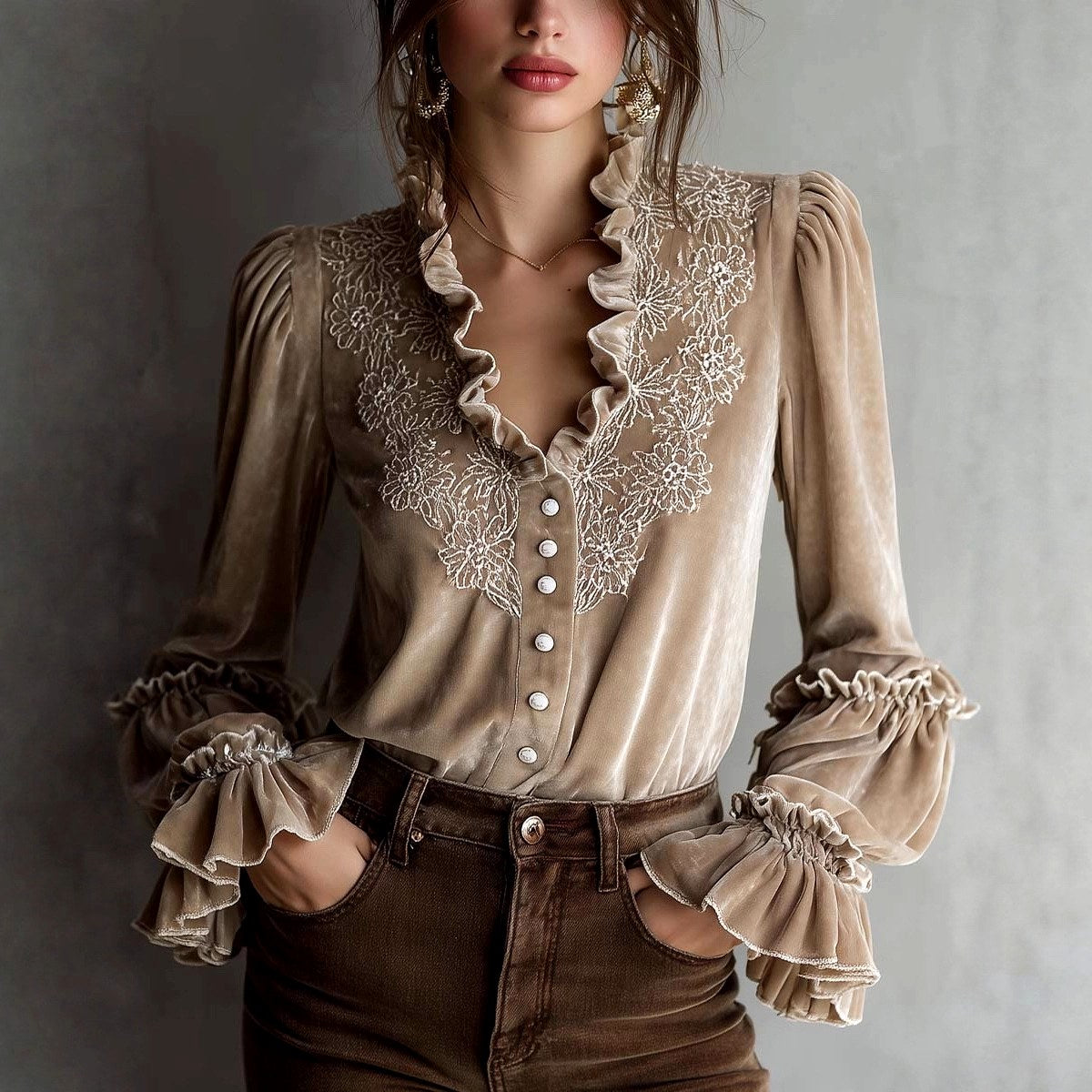 Bridget - Women's Embroidered Button Front Ruffle Blouse 1